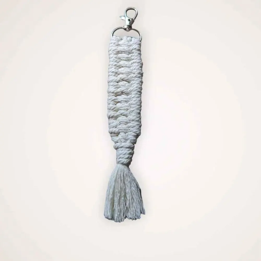 Beige Macrame Keychain with Swivel Clasp 7.5 in. Handmade